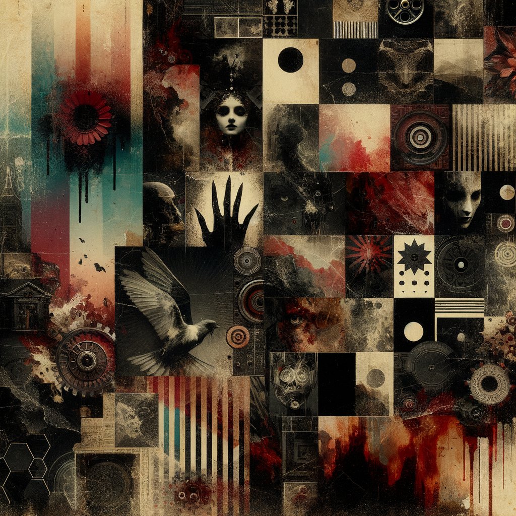 Abstract dark surrealist collage representing dark culture across creative mediums