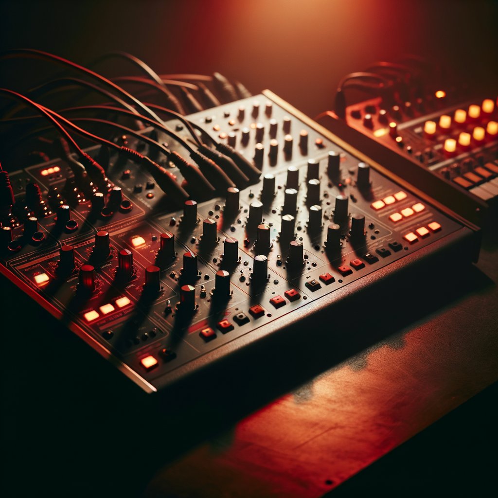 Analog synthesizer and drum machine hardware setup with illuminated controls
