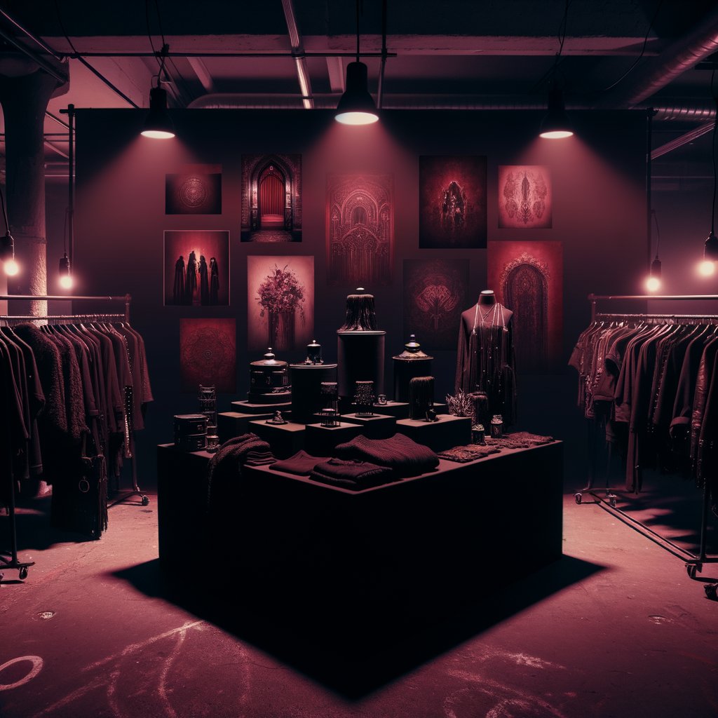 Dark vendor market stall at underground event