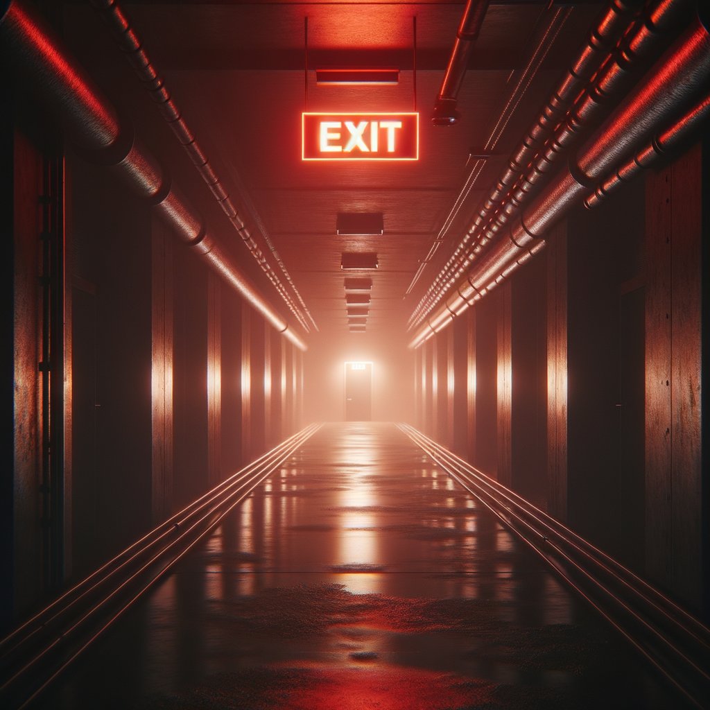 Abstract dark emergency exit in black corridor