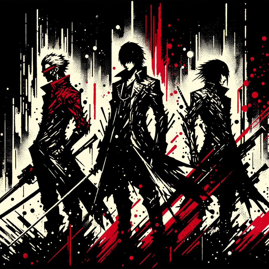 Dark manga-inspired abstract art in red and black