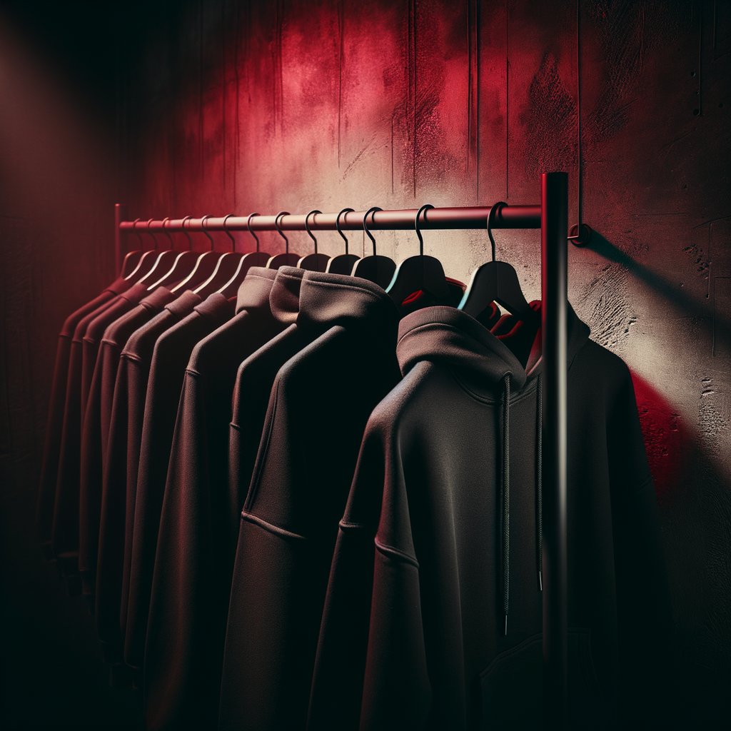 Dark merchandise display with premium hoodies and t-shirts