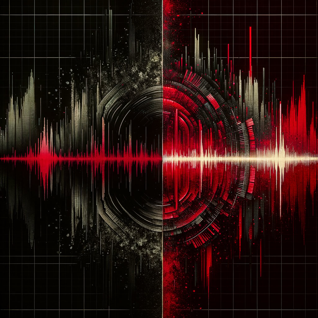 Audio waveform showing quality contrast between full and compressed signal