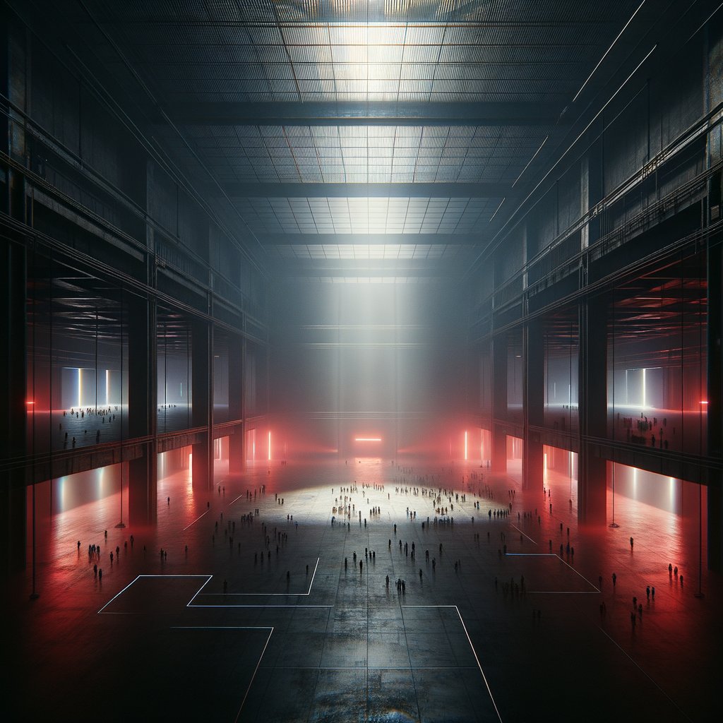 Empty vast nightclub with tiny distant crowd under red light, failure concept