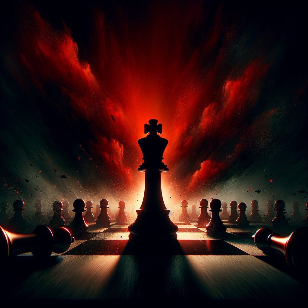Chess king standing among fallen pieces symbolizing business power struggle