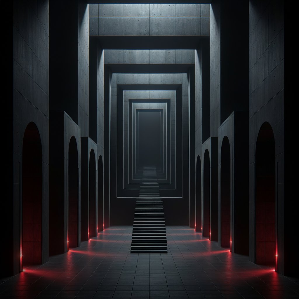 Dark ascending doorways with red accent lighting suggesting progression