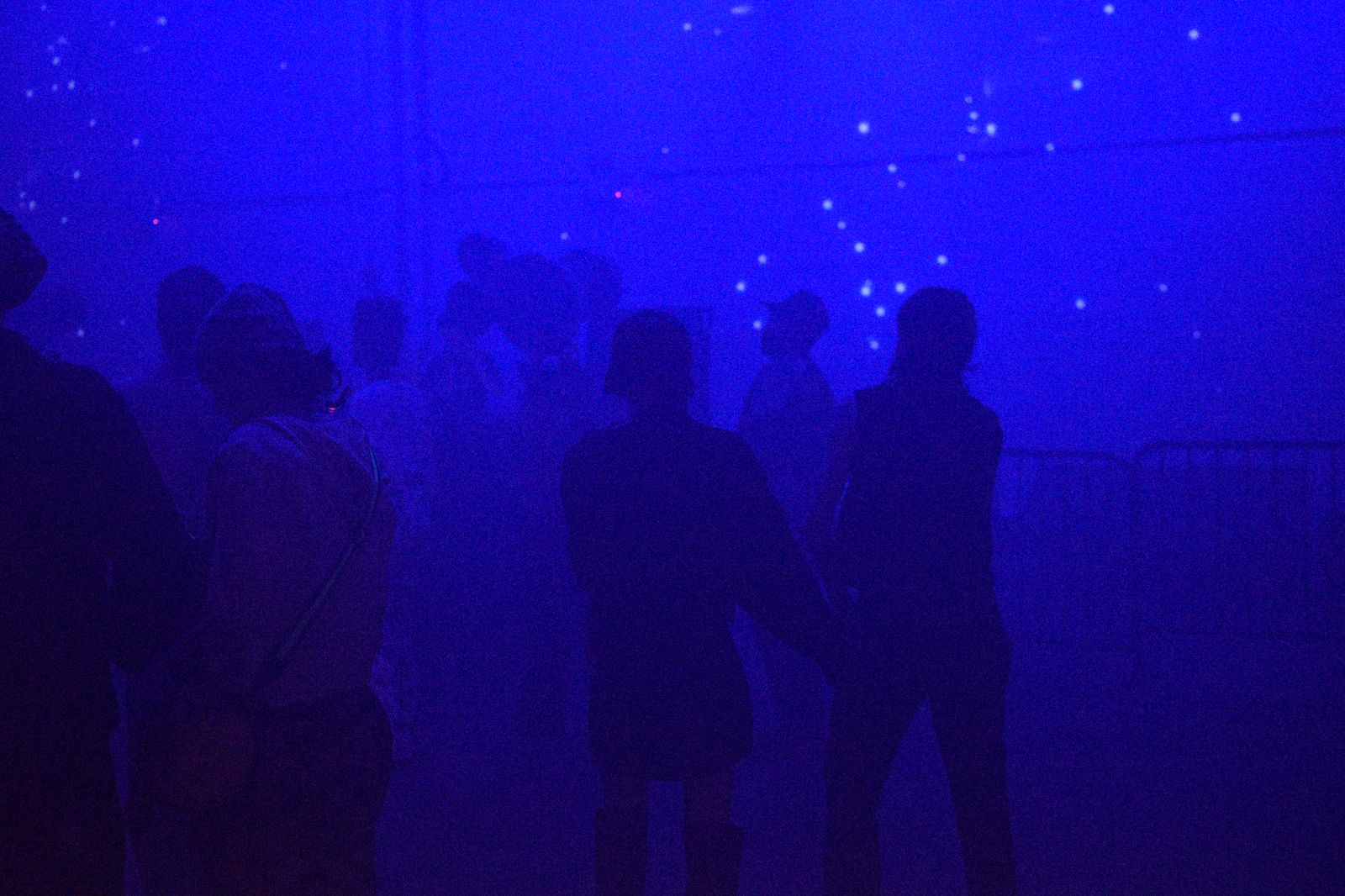 A crowd in silhouette under deep blue light, pinpricks of light scattered above