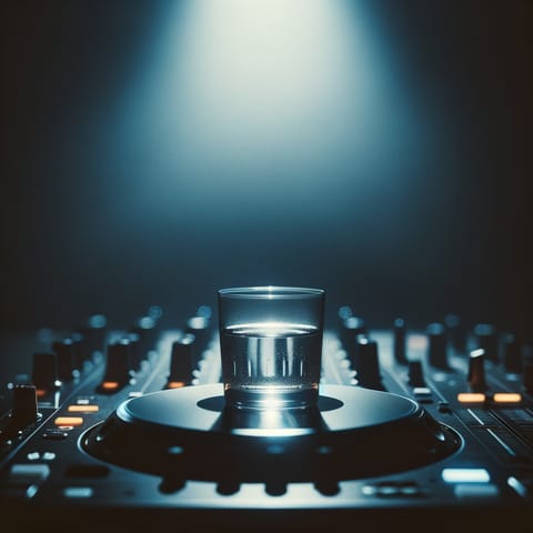 Glass of water on a DJ mixer in a dark club setting representing sobriety in nightlife