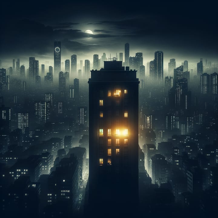 NYC skyline at night with clock showing 4am