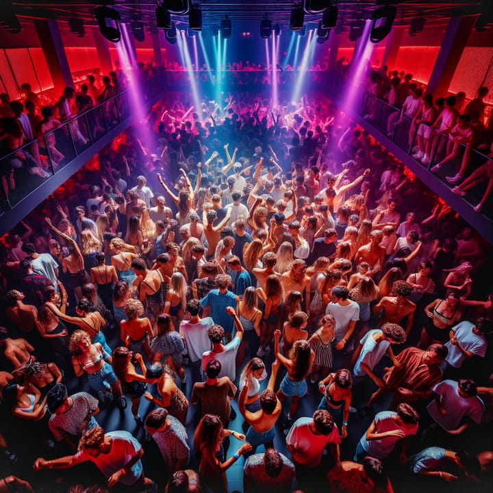 Diverse crowd dancing on underground dancefloor under dramatic lighting