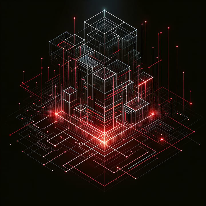 Glowing red architectural schematic on black, deliberate design concept