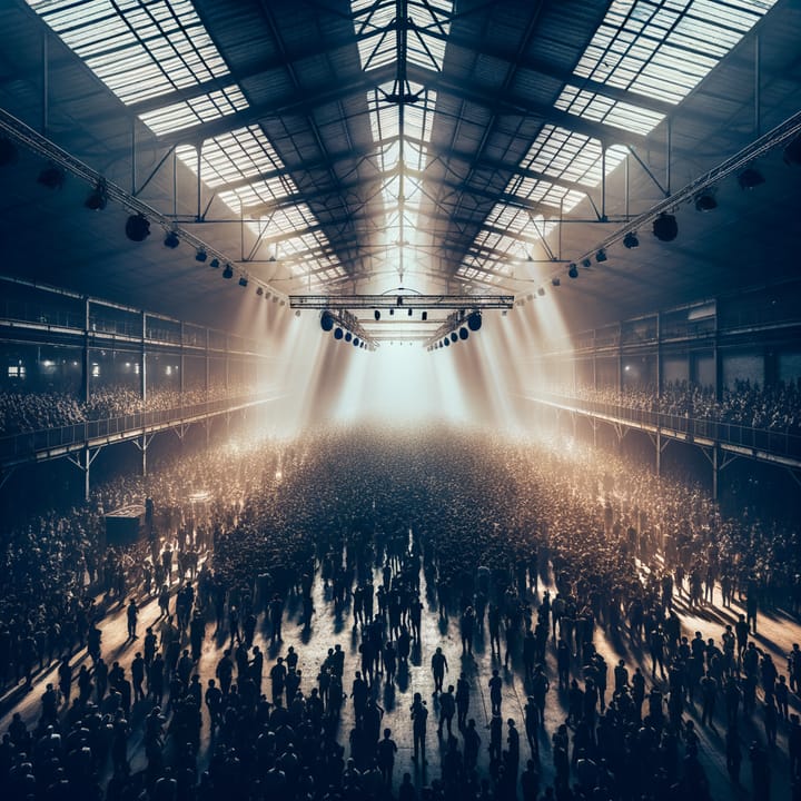 Aerial view of a packed nightclub crowd in warehouse space