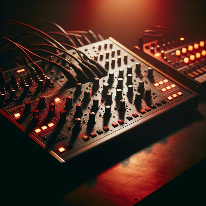 Analog synthesizer and drum machine hardware setup with illuminated controls