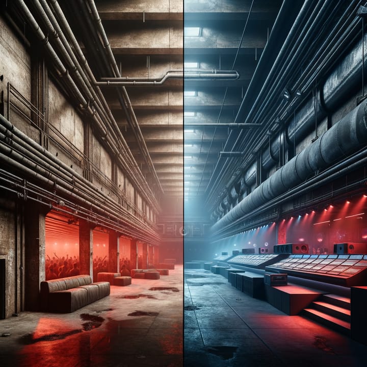 Split image showing contrast between underground warehouse and professional legal venue