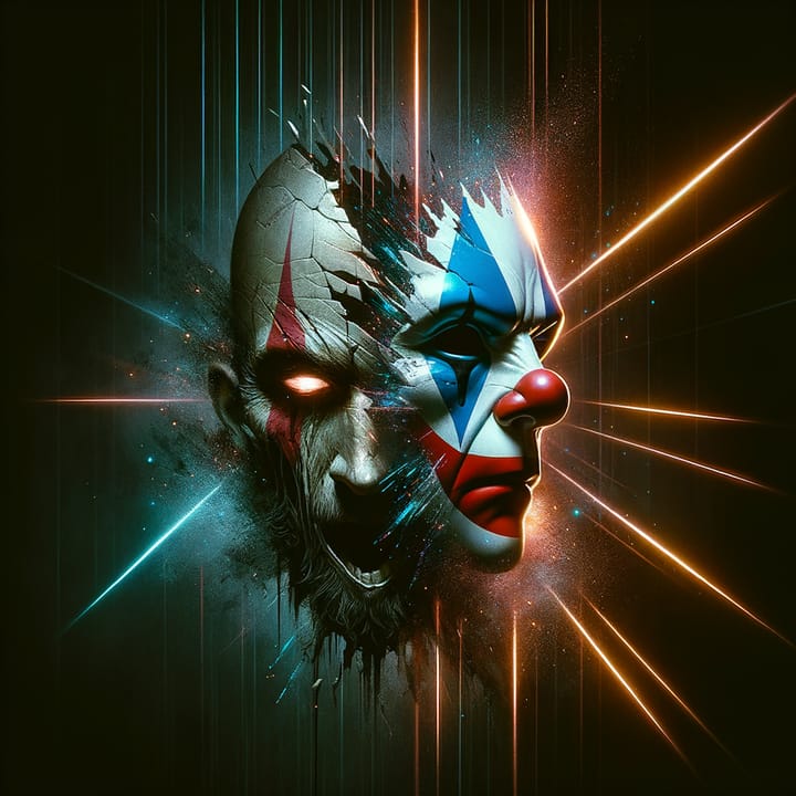 Half-broken clown mask revealing authentic face