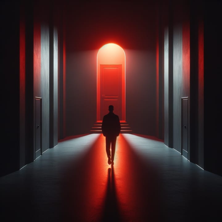Dark corridor with lone figure approaching a glowing red door
