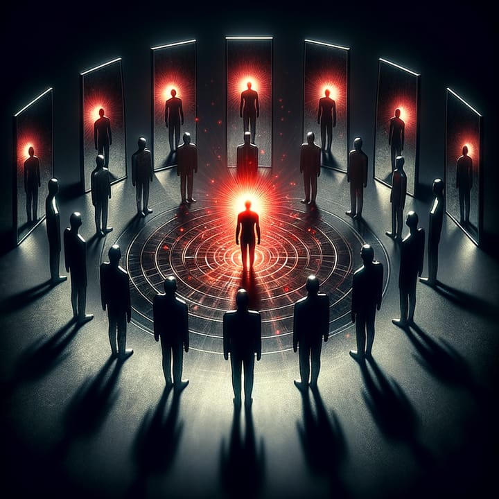Shadow figures surrounding a glowing central figure