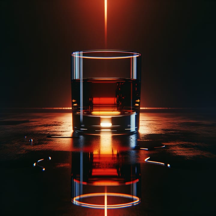 Abstract dark glass with amber liquid on black surface