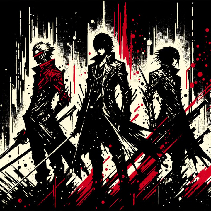 Dark manga-inspired abstract art in red and black
