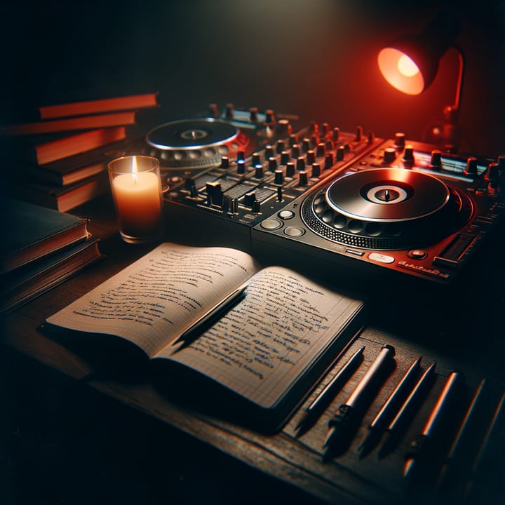 Dark scene combining DJ equipment and educational materials with red lighting