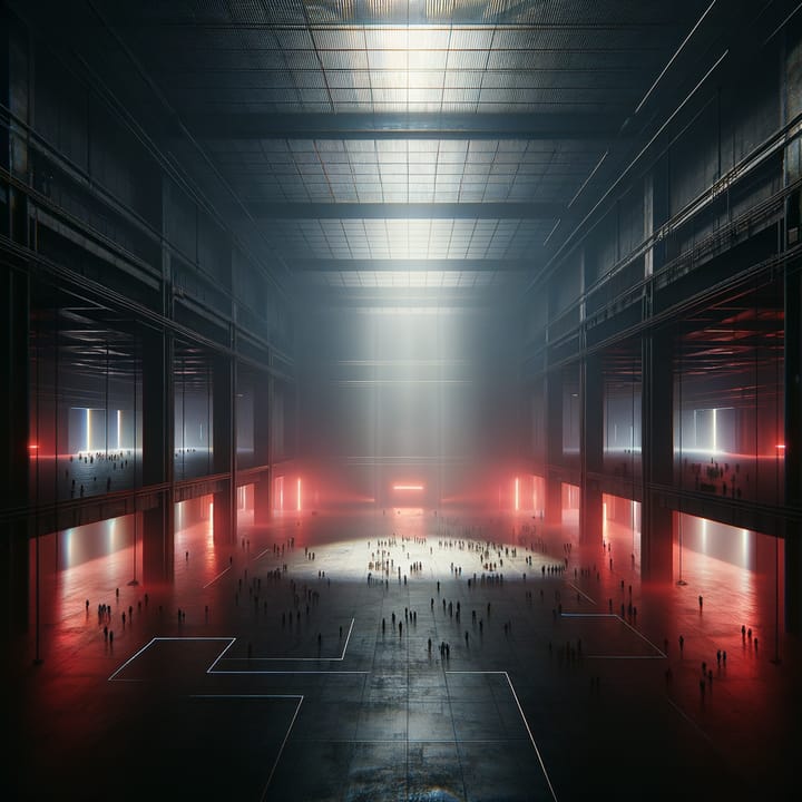Empty vast nightclub with tiny distant crowd under red light, failure concept