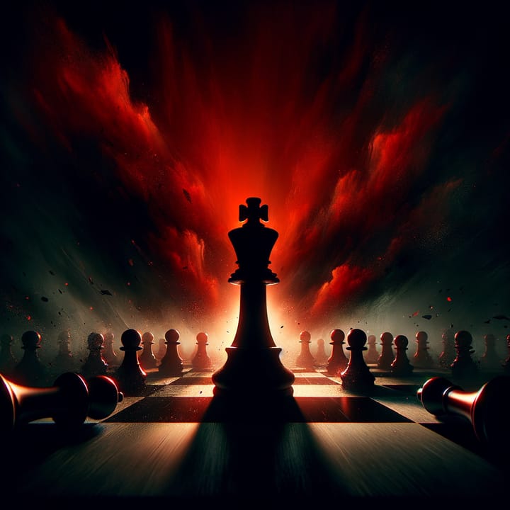 Chess king standing among fallen pieces symbolizing business power struggle