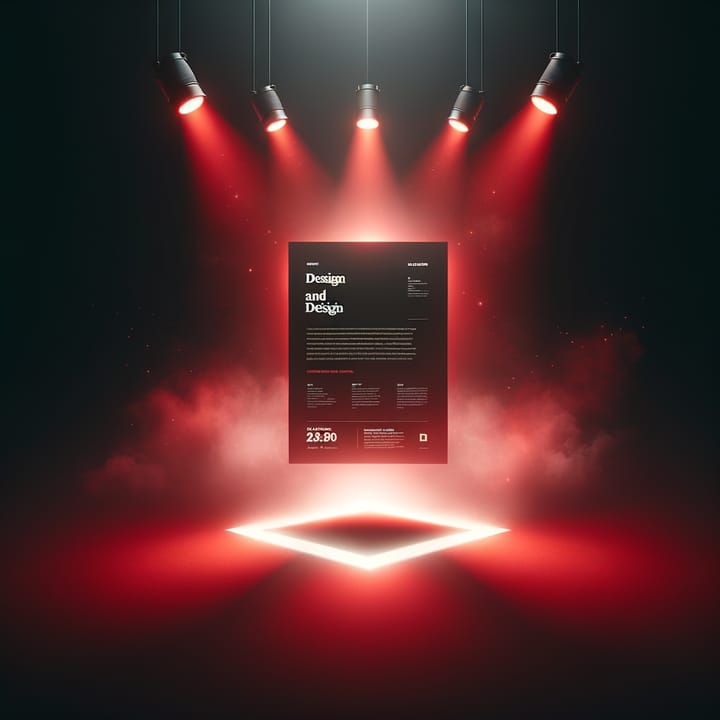 Event flyer design glowing under red spotlights in darkness