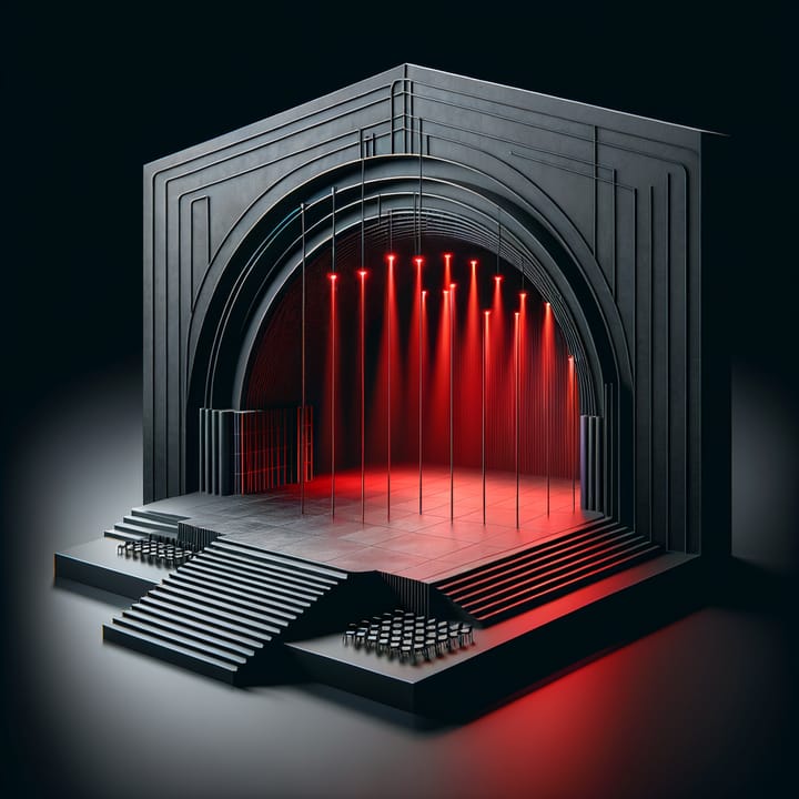 Dark empty venue stage with dramatic red spotlights suggesting investment