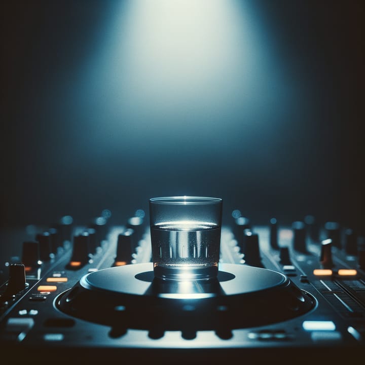 Glass of water on a DJ mixer in a dark club setting representing sobriety in nightlife