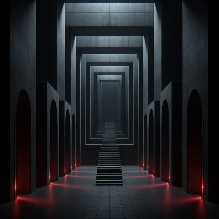 Dark ascending doorways with red accent lighting suggesting progression